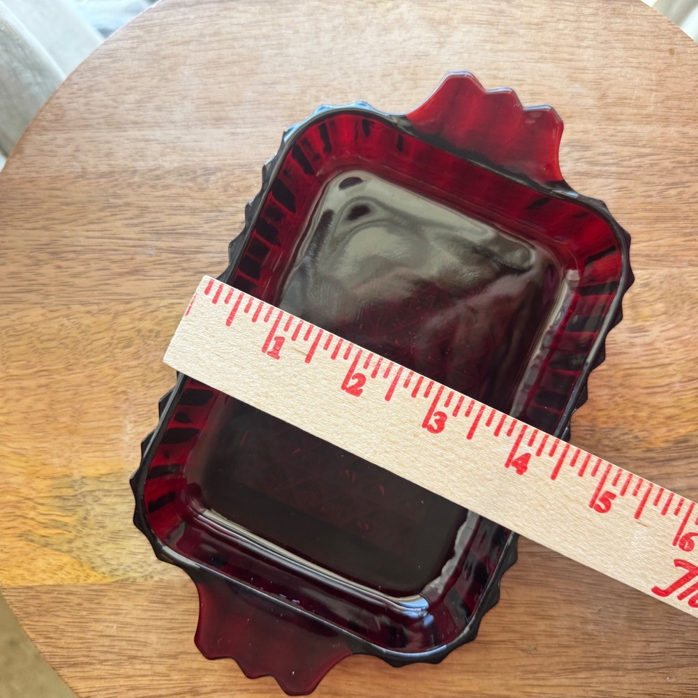 Vtg 1940's Anchor Hocking Royal Ruby Red Glass Rectangular Ribbed Relish Dish - Picture 6 of 6
